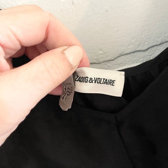 Zadig & Voltaire Tee Blouse Jac Leo Silk V neck Flounce sleeve Flowy Black XS/S - Picture 7 of 14
